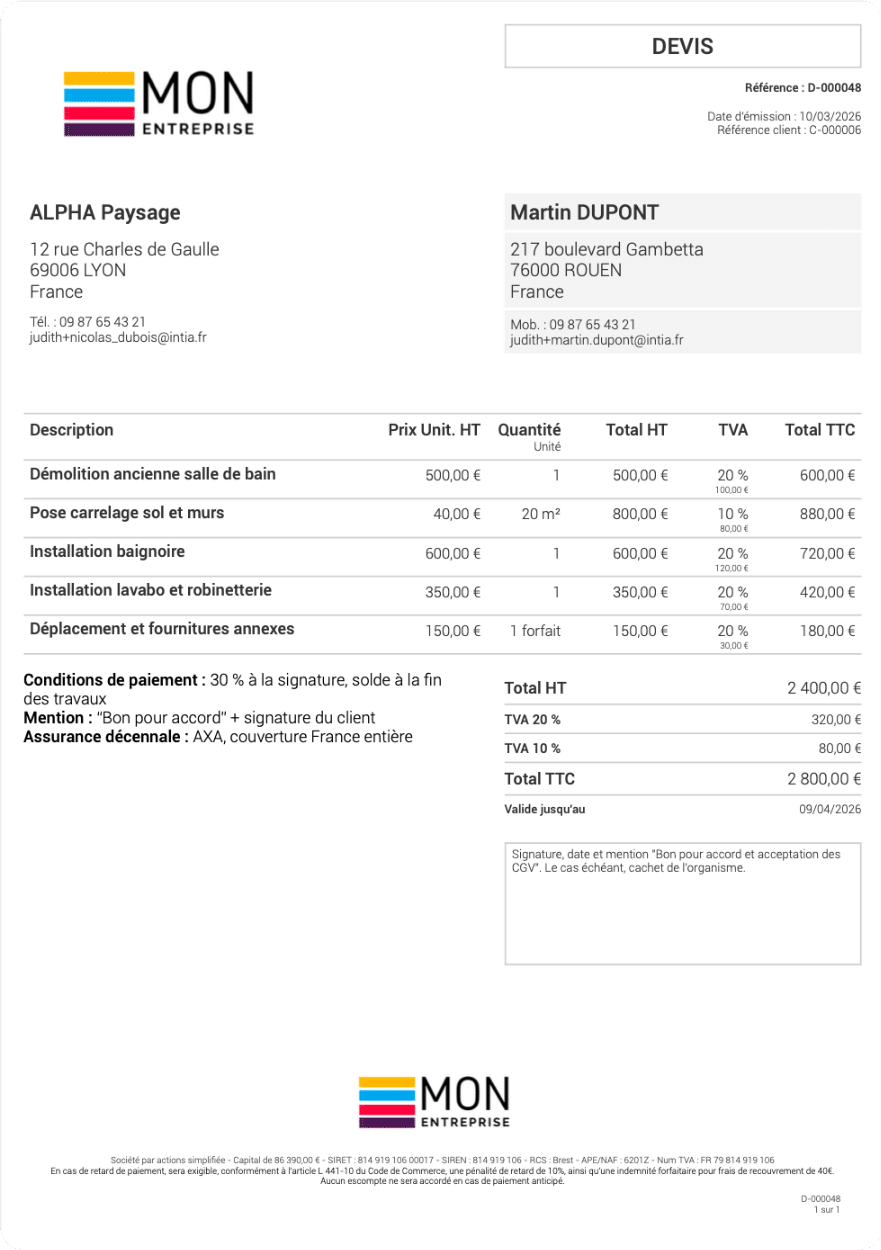 Mod&egrave;le de devis logiciel facturation b&acirc;timent INFast