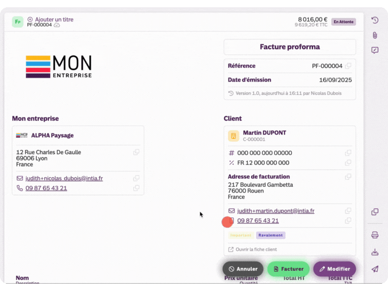 Conversion d'une facture proforma en facture finale sur INFast