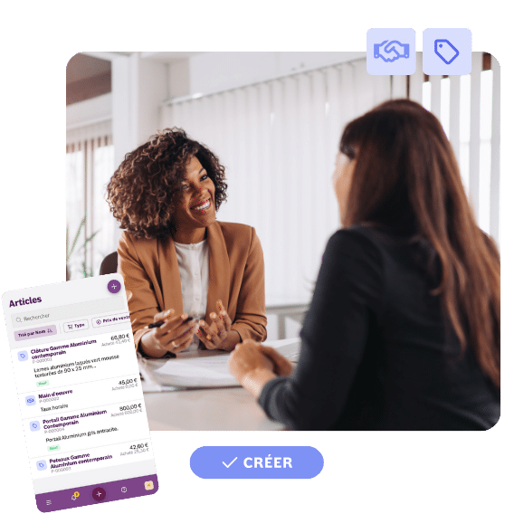 Photo prestataire et sa cliente avec aperçu du catalogue d'articles sur INFast.