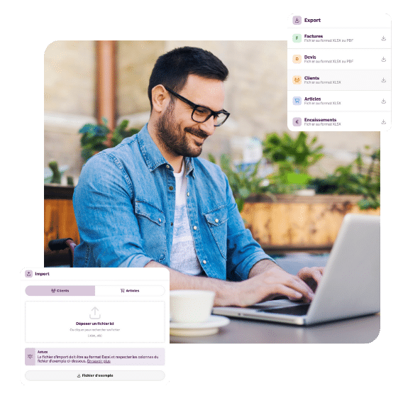 Homme sur ordinateur avec aperçu du module d'import et d'export du logiciel de facturation INFast.