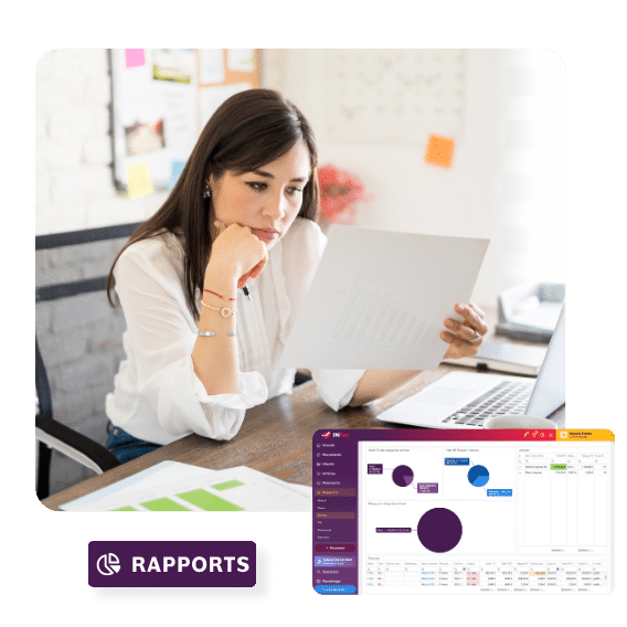 Photo d'une entrepreneur avec des graphique et aperçu de la fonctionnalité rapports de ventes sur INFast.