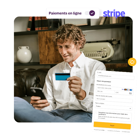 Homme avec carte bancaire et téléphone et aperçu du paiement en ligne d'une facture avec INFast.