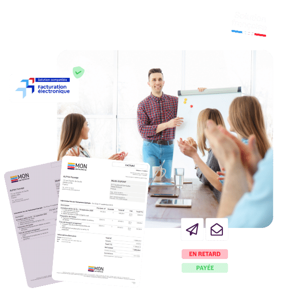 Photo formateurs et aperçu des fonctionnalités d'INFast, logiciel de facturation pour centre de formation.