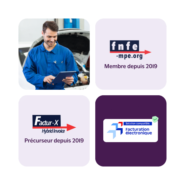 Illustration avec logo Factur-X, FNFE et solution compatible facturation électronique.