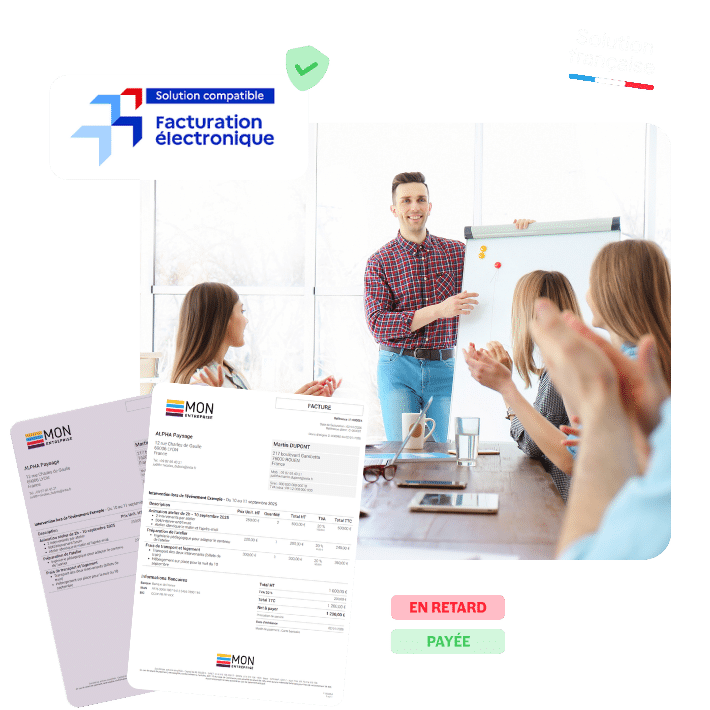 Photo formateurs et aperçu des fonctionnalités d'INFast, logiciel de facturation pour centre de formation.