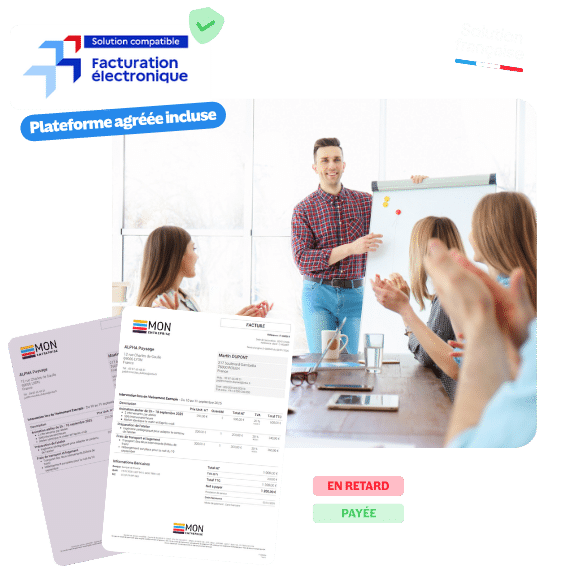 Photo formateurs et aperçu des fonctionnalités d'INFast, logiciel de facturation pour centre de formation.